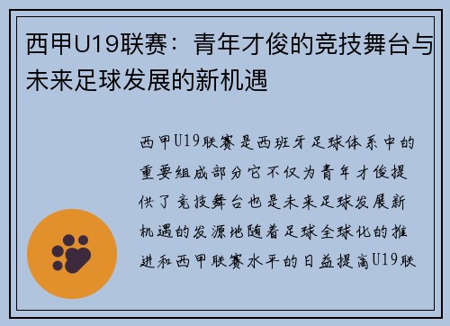 西甲U19联赛：青年才俊的竞技舞台与未来足球发展的新机遇