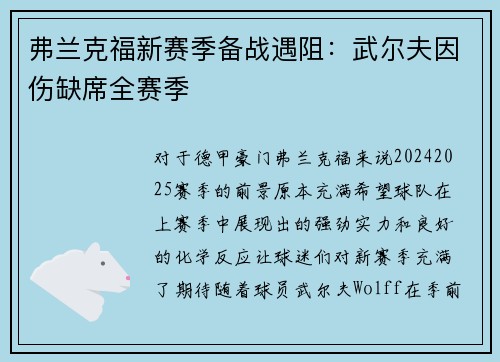 弗兰克福新赛季备战遇阻：武尔夫因伤缺席全赛季