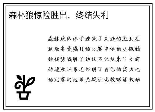 森林狼惊险胜出，终结失利