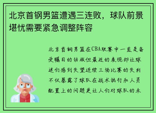 北京首钢男篮遭遇三连败，球队前景堪忧需要紧急调整阵容