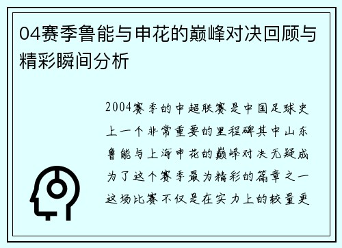 04赛季鲁能与申花的巅峰对决回顾与精彩瞬间分析